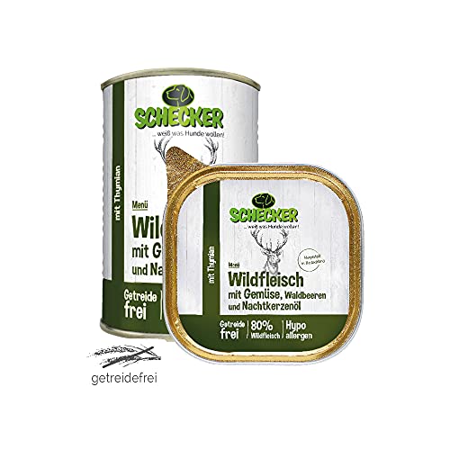 Schecker Nassfutter - Hundemenü Wildfleisch mit Gemüse, Waldbeeren - 12 x 200 g - getreidefrei - hypoallergen - 80% Wildfleisch