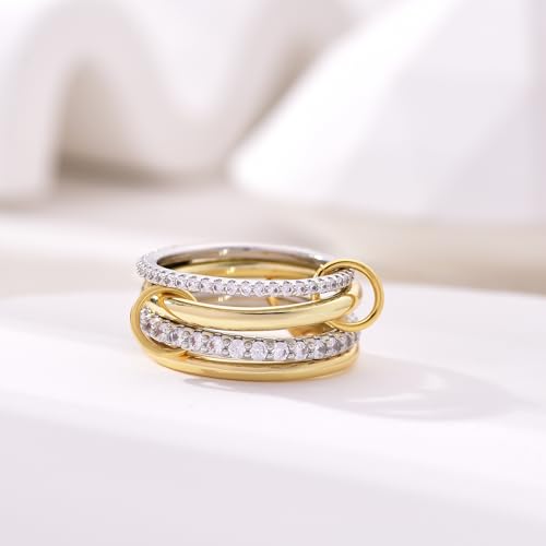 14K Gold Plated Interlocked Stackable Rings for Women Non Tarnish,Gold and Silver Cubic Zirconia Statement Rings Set,Mixed Metals Ring Two-Toned Connected Bands Stacking Jewelry2