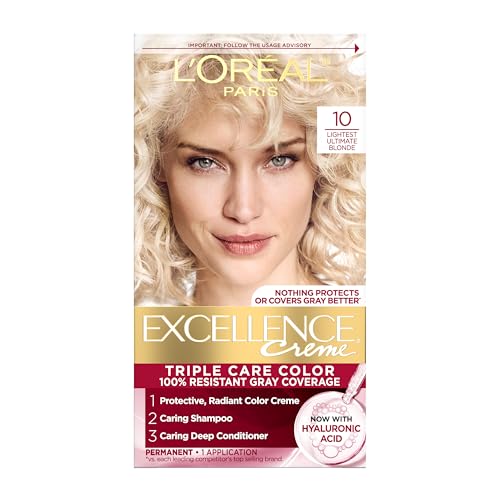 L'Oreal Paris Excellence Crème Permanent Hair Dye, Triple Care Hair Color with Pro-Keratine Complex for 100% Gray Hair Coverage, 10 Lightest Ultimate Blonde, 1 Kit