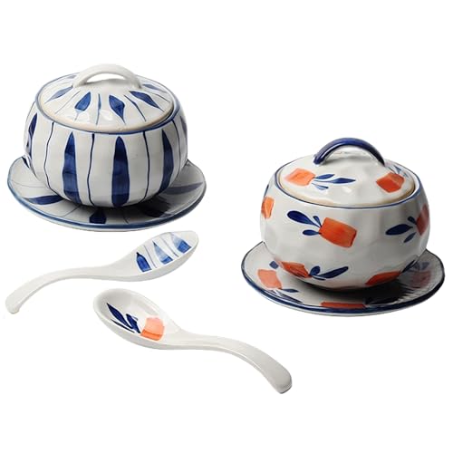 蒸し碗 茶碗蒸し碗 2セット ほんわか和風陶の茶碗蒸しちゃわんむし器 陶器 和食器 蓋付き スプーン付き スープカップ デザートカップ スープ茶碗 使いやすい 電子レンジ 食器洗浄機対応 調理用品家庭用 (F)