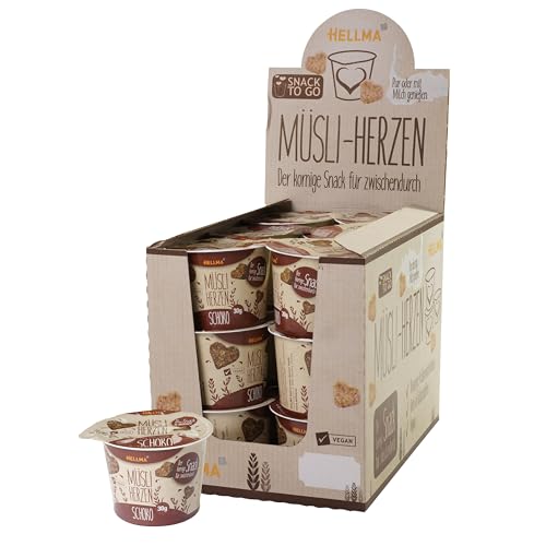 HELLMA Müsli-Herzen Schoko - 18 Portionen, je 30 g - Haferflocken in Herzform mit Schokolade, to-go-Becher