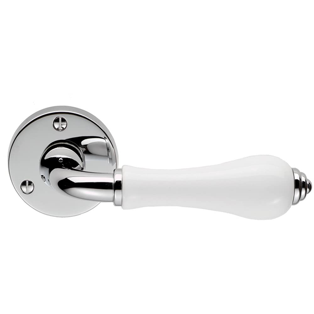 Pair Porcelain Handle with Ringed Detailing - 58mm Round Rose - Polished Chrome | Traditional Door Handle Lever on Screwless Rose - Internal Door Hardware - Screws, Fixings and Spindle Included