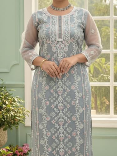 Image of INDO ERA Women's Organza Floral Embroidered Straight Kurta & Pant with Dupatta Set (IEAI10677)