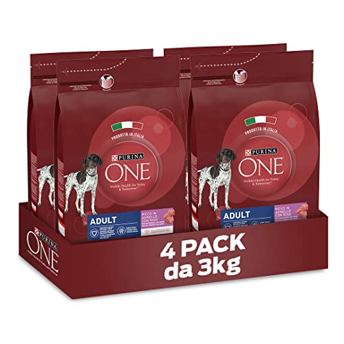 PURINA ONE Crocchette per Cani Adulti Ricco in agnello con Riso 4 Sacchi da 3kg