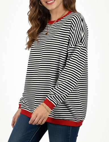 Image of Buauty Womens Long Sleeve Crewneck Knitted Striped Sweaters Casual Color Block Drop Shoulder Pullover 2025 Trendy Tops