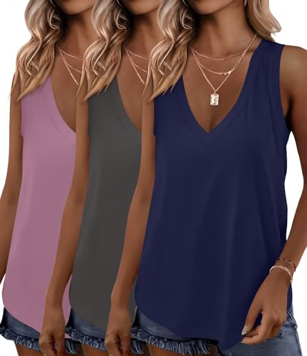 KKJ 3 Pack Womens Tank Tops Workout Summer Vacation Outfits V Neck Loose Sleeveless Blouse Casual Shirts Fall Fashion Clothes