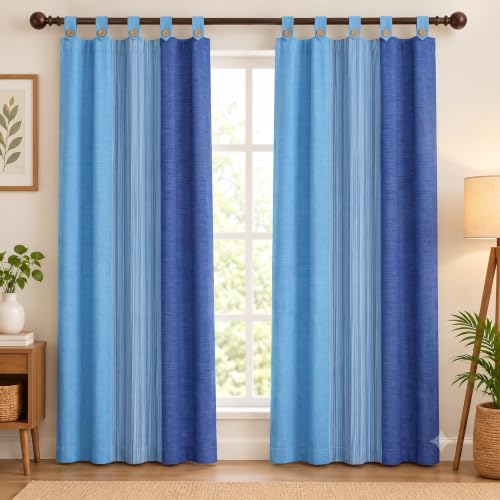 Image of Yaweh Cotton Striped Room Darkening Loop Type Door Curtain- 4 Ft X 6.7 5 Ft Set of 2 Pieces(Navy), Opaque, Tab Top Curtains