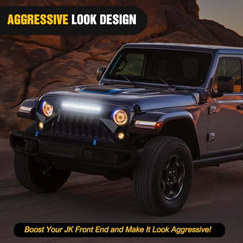 Image of Nilight Front Bumper Grill Cover for 2007 2008 2009 2010 2011 2012 2013 2014 2015 2016 2017 2018 Wrangler JK /JKU Rubicon, & Sahara Sport with LED Work Light Pods Matte Black