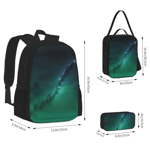 Galaxy Green Print 3 Piece Set Backpack, Lunch Bag, Pencil Case, Cute Sturdy For College And Travel4