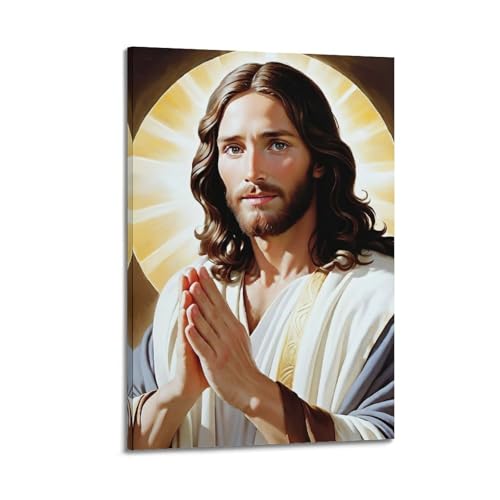 Poster chrétien de Jésus en toile 30x45 cm sous cadre pour décoration de chambre