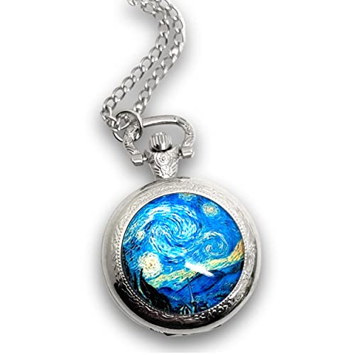 So Sweet - Montre à gousset fantaisie, cabochon en verre, vintage, rétro, originale, sautoir illustré, parure « La nuit étoilée », Van Gogh, peinture, peintre, bleu, noir, argenté (ref.15a)