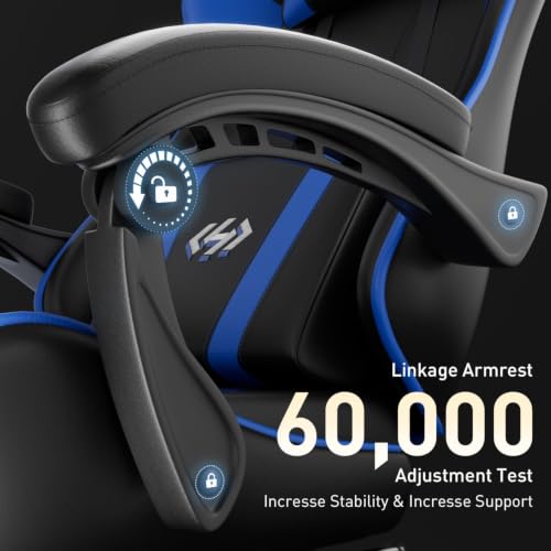 Image of HLDIRECT Gaming Chair with Footrest, Lumbar Support & Headrest, Black&Blue | Ergonomic, 90-135 recline, adjustable height & 360 swivel, PU leather and 45D foam, for adult gaming, work & relaxing