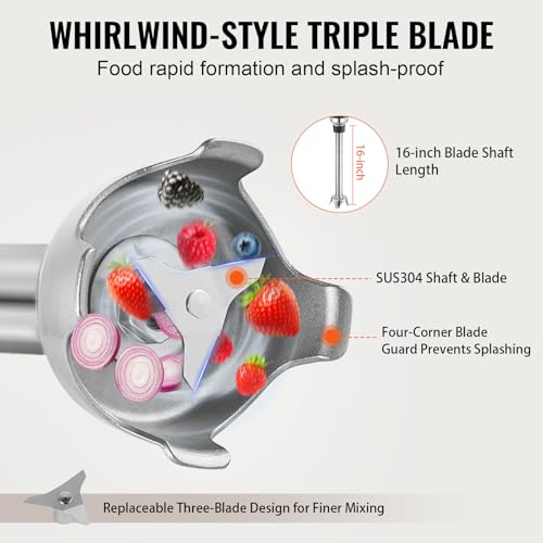 Image of VEVOR Commercial Immersion Blender, 350W Heavy Duty Hand Mixer, 16 inch Stepless Variable Speed Mixer with Stainless Steel Blade, Multi-Purpose Portable Mixer for Soup, Sauces, Mashed Potatoes, Cream