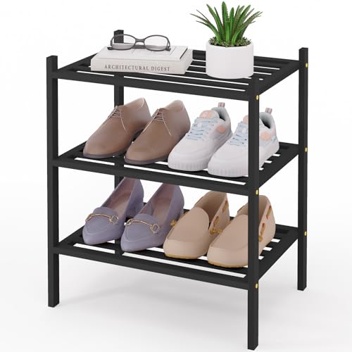 Image of Smiry Bamboo Shoe Rack, 5 Horizontal Slats, 3 Tier - 17.3 inch Wide, Black