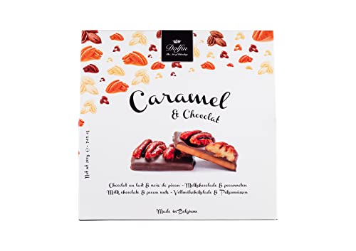 Dolfin Karamell & Schokolade - Vollmilchschokolade und Pecan - Hausgemachter gesalzener Karamell, geröstete Nüsse und Kakaostücke - Süßigkeiten, Geschenk - Hergestellt in Belgien, 200 g