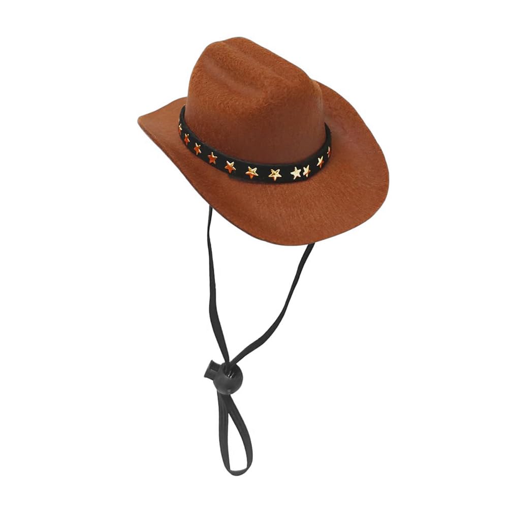 Ieron Pet Cowboy Hat Dog Western Cowboy Hat Mini Cowboy Hats for Cats and Dogs Festival Costume Accessories for Small Cats Dogs Pets (S Size Brown with Stars Strap)