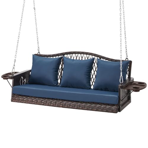 ZZW Upgraded Wicker Hanging Porch Swing Heavy Duty 900 LBS 3-Seat Outdoor Patio Swing Chair Bench for Adult w/ 8.9ft Hanging Chains Cushions and Cup Holder
