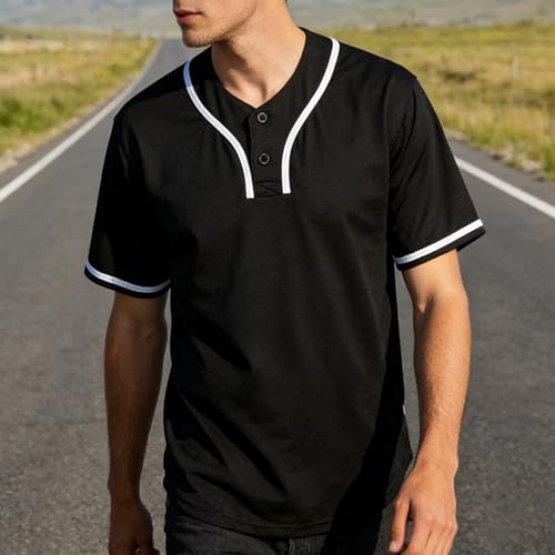 Camiseta de béisbol Henley negra de 2 botones, manga corta transpirable con cuello en V para uso deportivo o casual miniatura 3