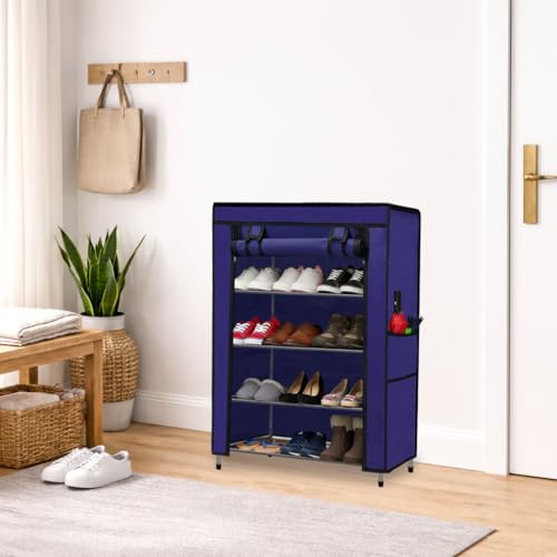 Image of Multipurpose Collapsible 4 Layer Metal Shoe Stand, Shoe Organiser for Home & Office (Dark Blue, Metal)