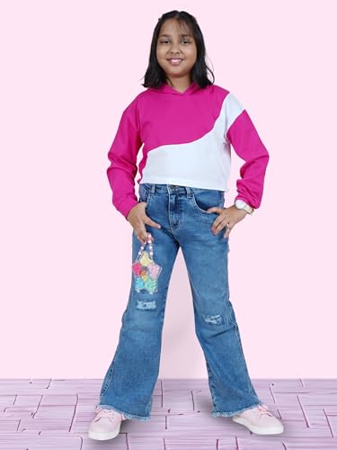 Image of KiddoPanti Girls Bottom Flared Knee Distress Stretchable Denim Jeans with Adjustable Elastic Waist