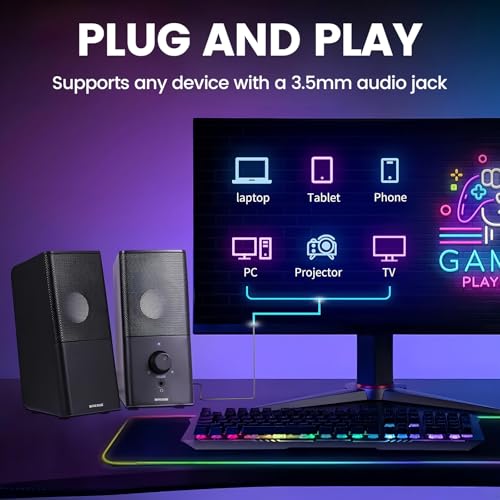 Image of PC Wired Speakers for Desktop Battery Powered Speaker Computer Speakers Desktop PC Speaker with Volume Control, 3.5mm Aux Multimedia Gaming Speaker for Laptop /PC