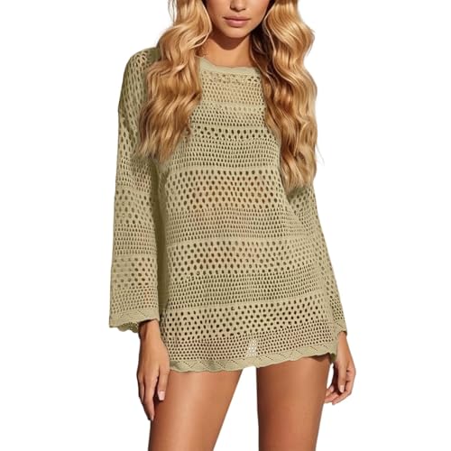 Vestidos de playa para mujer, de verano, manga larga, cuello redondo, vestido de punto sexy, traje de baño de ganchillo, traje de baño ligero, transpirable, ropa de playa, protección solar, poncho de