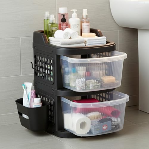 Image of JD FRESH 2 Tier Plastic Storage Drawer Cabinet with Wheels /Modular Storage Drawer Organizer with Side Basket & Integrated Handle /Plastic Storage Trolley Rack for Home /Kitchen -(Black Transparent)