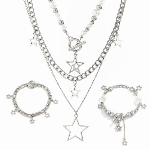 Star Y2k Silver Necklace Grunge Layered Necklace Cute Aesthetic Stack Toggle Chain Necklaces Gothic Vintage Emo Jewelry Set for Women