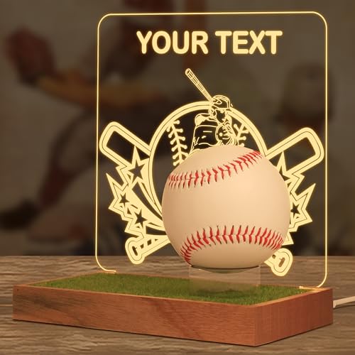Lampeez Customized Light Up Baseball Display Stand Desktop, Clear Acrylic Solid Wood Baseball Holder with USB powered for Memorabilia, Gifts for Baseball Players Enthusiasts