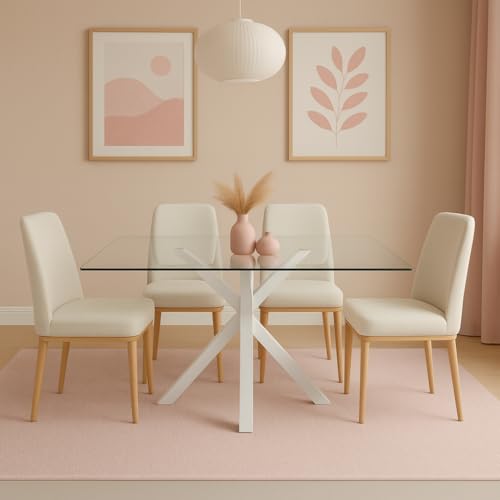 Meyvaser.com Ecommerce Company Mesa de Comedor con Tapa de Cristal Blanco y Patas Metálicas – 140x80x75 cm – Diseño Moderno y Elegante para Salón o Cocina
