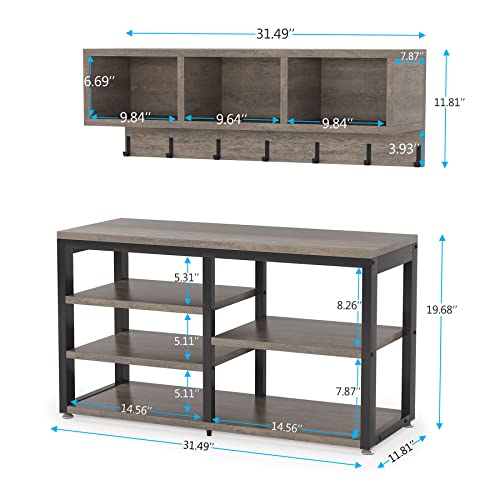 Image of Tribesigns Coat Rack Shoe Bench Set Industrial, Hall Tree with 3 Storage Cubbies, 7 Hooks for Entryway, Hallway, 5-in-1Design, Vintage Grey