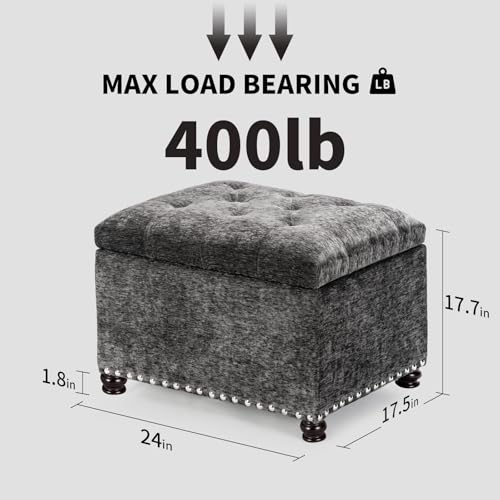 Image of Joveco Storage Ottoman Bench, Rectangle 24 inch Velvet Foot Rest Stool Square Footstool for Living Room, Bedroom, Charcoal Grey