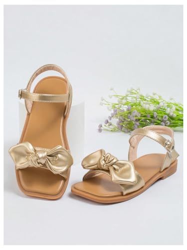 GORGLITTER Girl's Cute Bow Sandals Merallic Open Toe Ankle Strap Slip on Flat Sandals Summer Vacation Shoes3