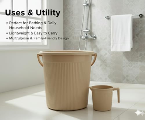 Image of MODWARE Plastic Bucket Set with Mug, 20L Bucket with 1L Mug, Polypropylene, Round Shape, (Cream, 20 L)