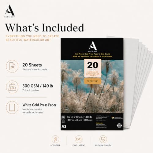 Image of ArtRight Artists' Watercolor Paper A3 300 GSM - 20 Sheets of Handmade Rough Grain Water Colour Papers for Watercolour, Acrylic, Gouache, Ink & Mixed Media