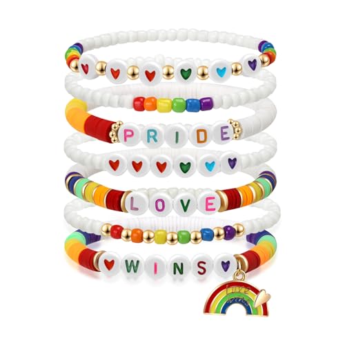 Artlunar LGBT Pride Bracelet for Bisexual Lesbian Gay& Allies Pride Love Wins Rainbow Colorful Beaded Clay Elastic Stackable Stretch Bracelet LGBTQ Celebration Gifts