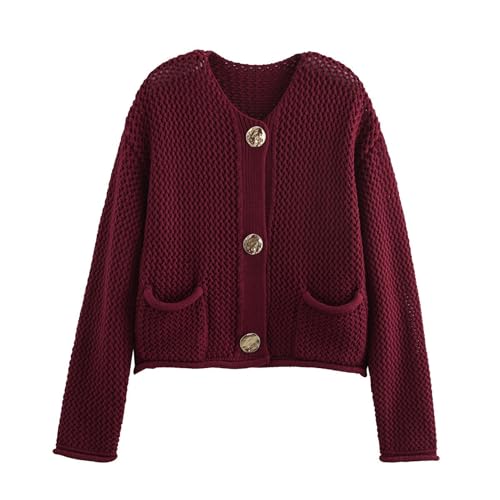 Image of Chevara Women's Cropped Cardigan Sweater Long Sleeve Crewneck Button Down Knit Sweater with Pockets(0128-WineRed-S-CW)