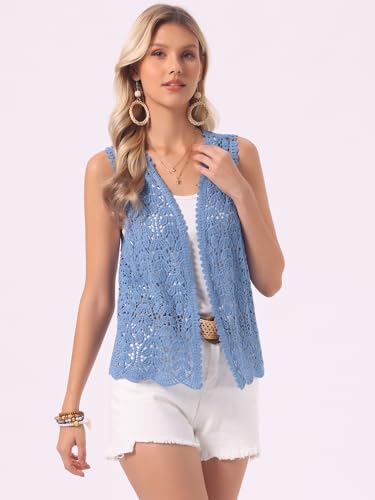 Image of Allegra K Women's Floral Crochet Hollow Out Sleeveless Open Front Boho Vest Cardigan