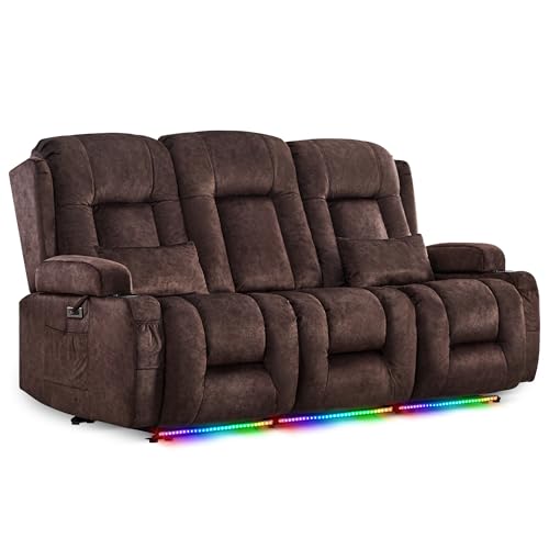 LIFTSHA Dreisitzer Relaxsessel mit Liegefunktion, Fernsehsessel Elektrisch Verstellbar mit Heizung & Vibrierende Massage, TV Sessel Heimkino Sitze mit Umklappbare Mittelrückenlehne, Samt, Braun