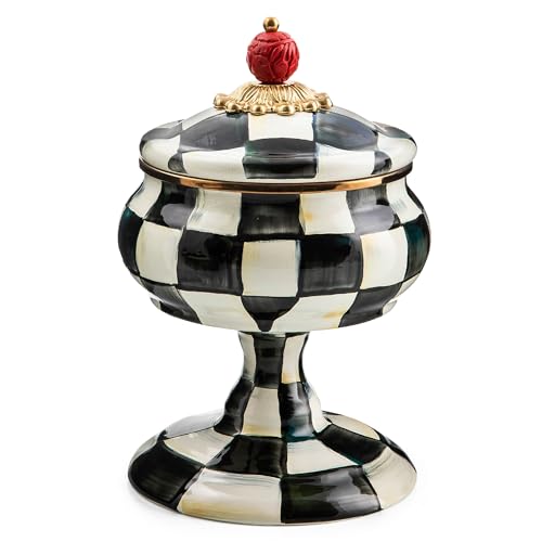 MACKENZIE-CHILDS Enamel Curiosity Pot, Decorative Container for Home Decor, Black-and-White Courtly Check