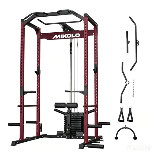 Mikolo F4 2.0 Elite Power Cage with Dual-Track Smooth Pulley System for Home Gym, 1200LBS Power Rack with Leg Hold-Down(Matte Red)