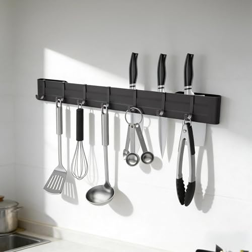 WJUAN Support Ustensiles Cuisine, 40 cm Barre de Ustensiles Suspension Autocollant, Gris Crochet Cuisine Sans Perçage, avec Accessoires Autocollants, pour...