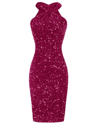 GRACE KARIN Women Rose Red Evening Dress Sparkly Party Club Sequin Dress Velvet Sequin XXL