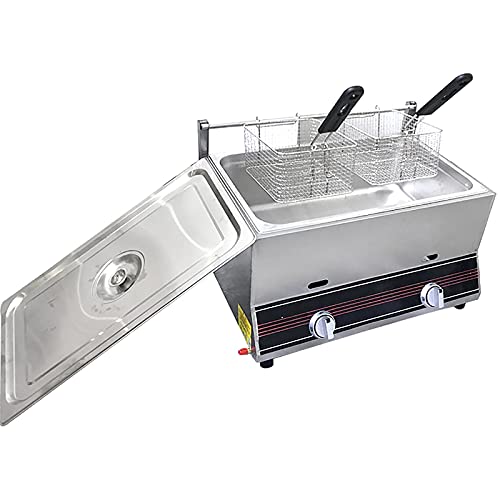 HPTHLY Freidora De Gas Comercial Genérica, Freidora De Acero Inoxidable, Freidora De Gas Profesional De Alta Potencia para Cocina, Ideal para Papas Fritas, Restaurant,20L+2xFried Basket
