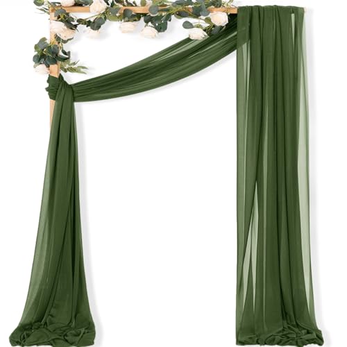 Image of MLMC Olive Green Wedding Arch Draping Fabric 1 Panel 29 inch x 20 FT Extra Long Gauze Drapes Sheer Backdrop Curtains 6.6 Yards Outdoor Drapery Panels for Wedding Ceremony Party Ceiling Decoration
