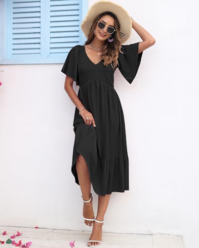 AUSELILY Women's Summer Empire Waist Dress Smocked Flutter Short Sleeve V Neck Midi Dresses 2025 New4