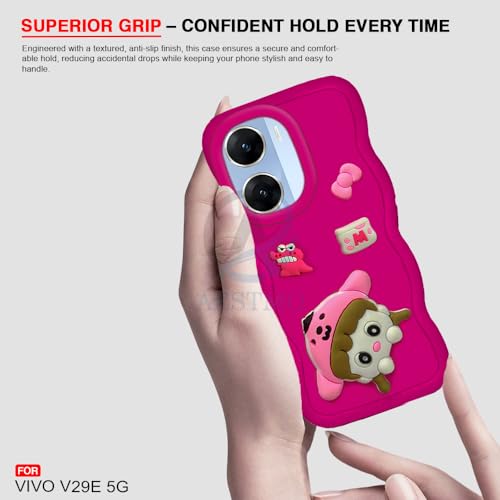 Image of AESTMO Back Case Cover for Vivo V29E 5G | 3D Cute Fun Cartoon Characters | Anti Slip Grip Cute Wave Curly Frame Shape | Full Body Protection Back Cover for Vivo V29E 5G (Pink)