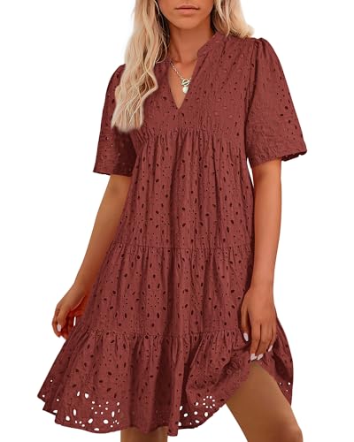 Image of BTFBM Womens Boho Summer Dresses 2026 Spring V Neck Short Sleeve Hollow Out Lace Ruffle Casual Beach Mini Vacation Dress