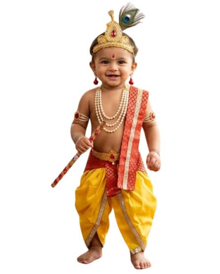 Image of Krishna Dress for Baby Boy Kids Janmashtami Costume | Dhoti & Patka Included, Mukut & Morpankh, Bansuri & Kamarband, Bajuband & Kundal, 8-Piece Set