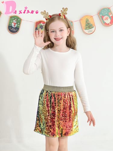 DAXIANG Sequin Sparkle Skirt Girl Tutu Skirts Birthday Holiday Party Solid Color Short Skirt Gold Green 9-10 Years - image 2
